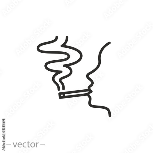 man smoking a cigarette icon, toxic smoke, tobacco smoker, thin line symbol on white background - editable stroke vector illustration