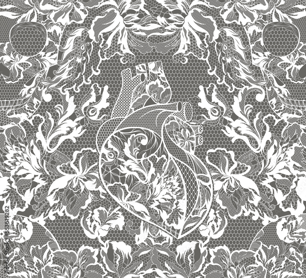 Fototapeta premium lace seamless pattern, skull, heart, flowers