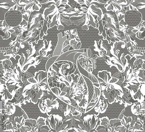 lace seamless pattern, skull, heart, flowers