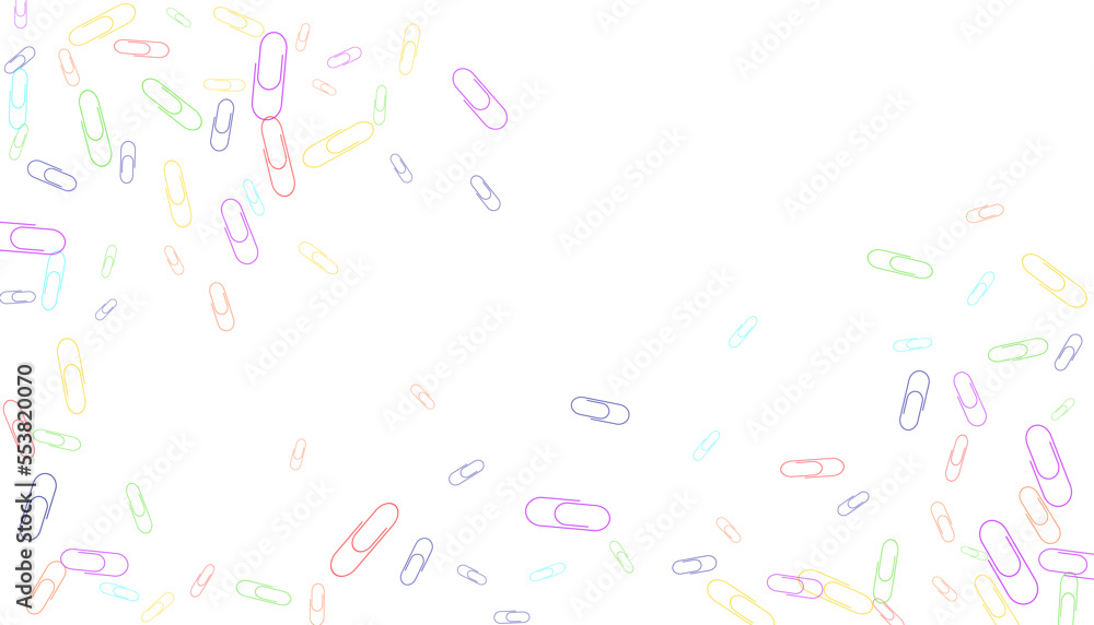 Paper clips are scattered on a white background. Decorative element. Background for design, school and office supplies Paper clips are scattered on a white background. Decorative element. Background for design, school and office supplies
