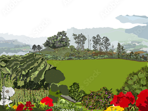 Paesaggio verdeggiante con prati e fiori photo