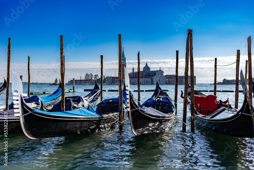 Venice, its characteristic architecture and gondolas, which enrich its magnificent scenery, and view of the church of San Giorgio Maggiore © Alessandro