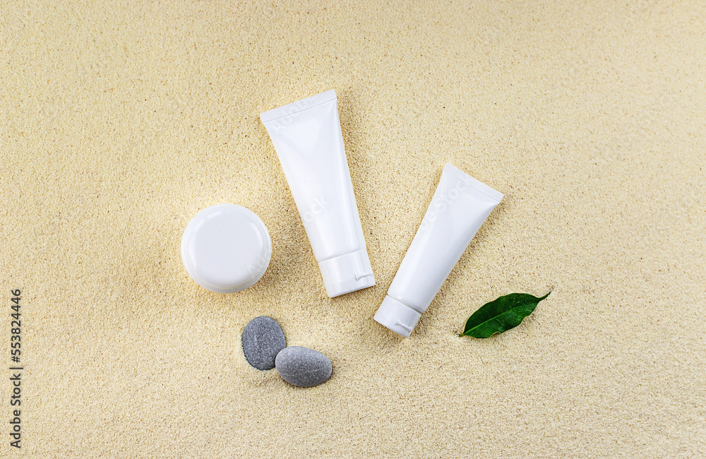 Cosmetics on the spa sea sand. Selective focus. Cosmetics on the spa sea sand. Selective focus.