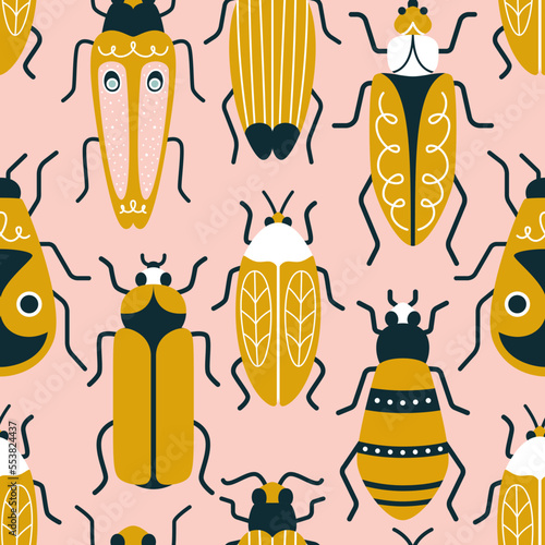 Multicolored Beatle on a pink background in art deco style. Seamless vector pattern with ants