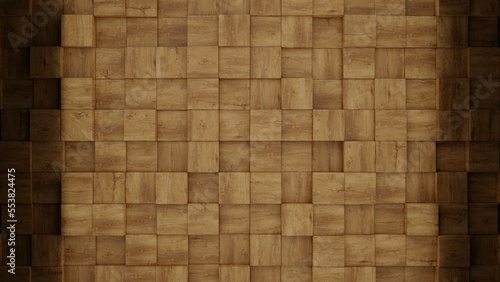 Wooden square blocks wall or tiles with natural wood texture 3D render
