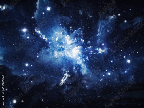Fototapeta Naklejka Na Ścianę i Meble -  Beautiful interstellar nebula. Clusters of stars and clouds of gas in space. Exploration of the Universe. Abstract background.