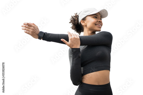 Female athlete in a sports suit transparent background. Does exercises