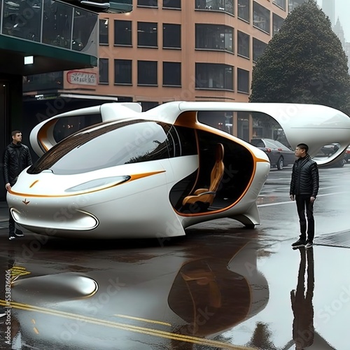 Flying car of the future. Autonomously piloted robo-taxi.	 photo