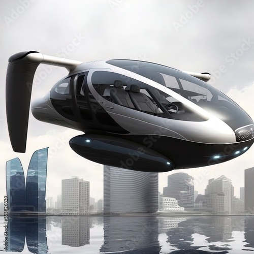 Flying car of the future. Autonomously piloted robo-taxi.	 photo