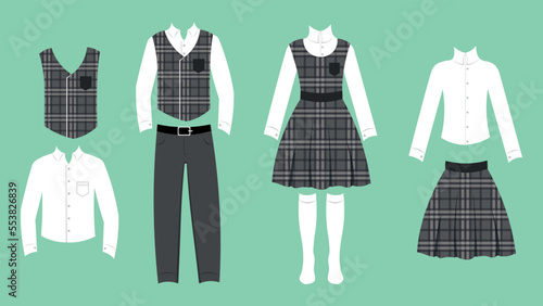 Set school uniforms for a boy and a girl in a cartoon style. Vector illustration of vest,shirt and pants with belt, and blouse with sundress and stockings,blouse with skirt on green background.