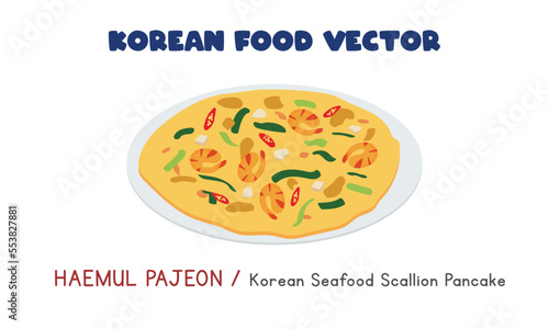 Korean Haemul Pajeon - Korean Seafood Scallion Pancake flat vector design illustration, clipart cartoon style. Asian food. Korean cuisine. Korean food