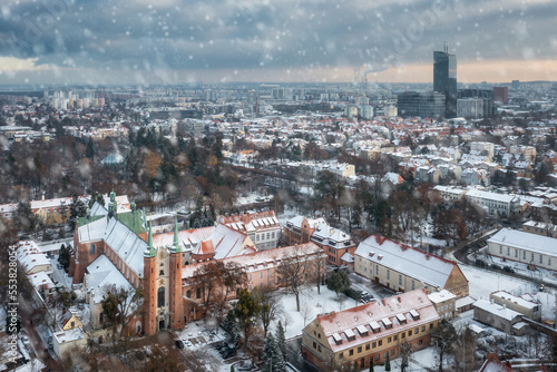 Cityscape of Gdansk Oliwa during snowy winter, Poland photo
