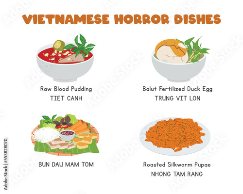Set of Vietnamese horror food flat vector clipart. Raw blood pudding, balut fertilized duck egg, Bun Dau Mam Tom, roasted silkworm pupae. Asian food. Vietnamese cuisine. Horror dishes, scary food