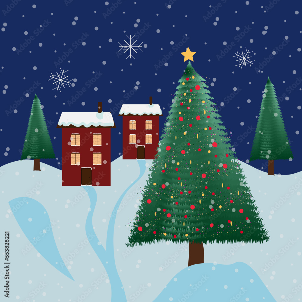 concept of a Christmas tree near houses, winter, holidays, night, snow