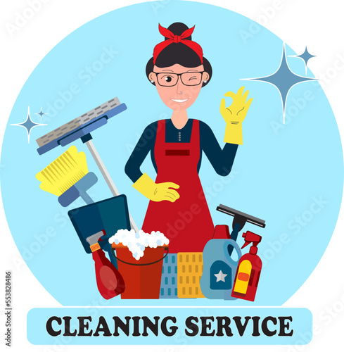 Cleaning service. Logo. Girl in bandana and glasses with cleaning supplies. Vector illustration.