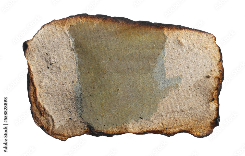 Burned and charred old paper scrap isolated on white, clipping path Burned and charred old paper scrap isolated on white, clipping path