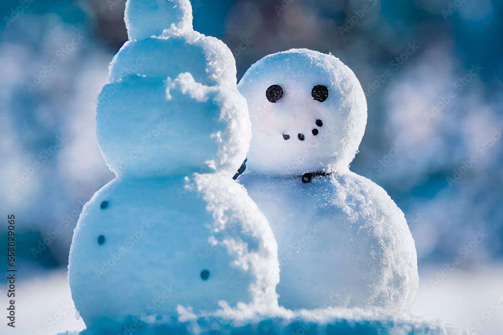 Obraz premium two snowmen in a snowy winter forest, generative AI