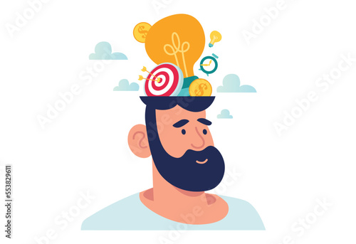 head idea light bulb creative thinking goal. brainstorming thought process. creative vector illustration. project team leader thinks out of the box to solve problems and find answers