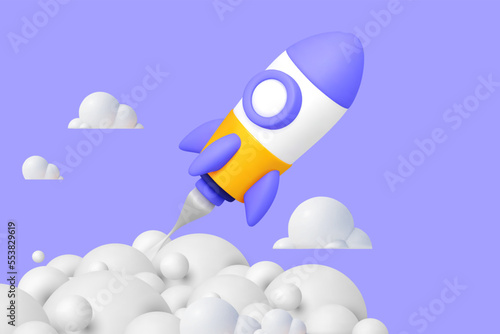 3d rocket launch project realistic Flying space rocket render vector. 3d rocket launch into space white background vector illustration icon design element style minimal spaceship icon