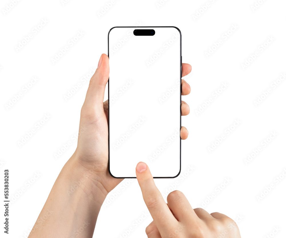 Mobile smart phone screen mock up, white smartphone display mockup in hand with finger tapping, pointing isolated on white background - obrazy, fototapety, plakaty 