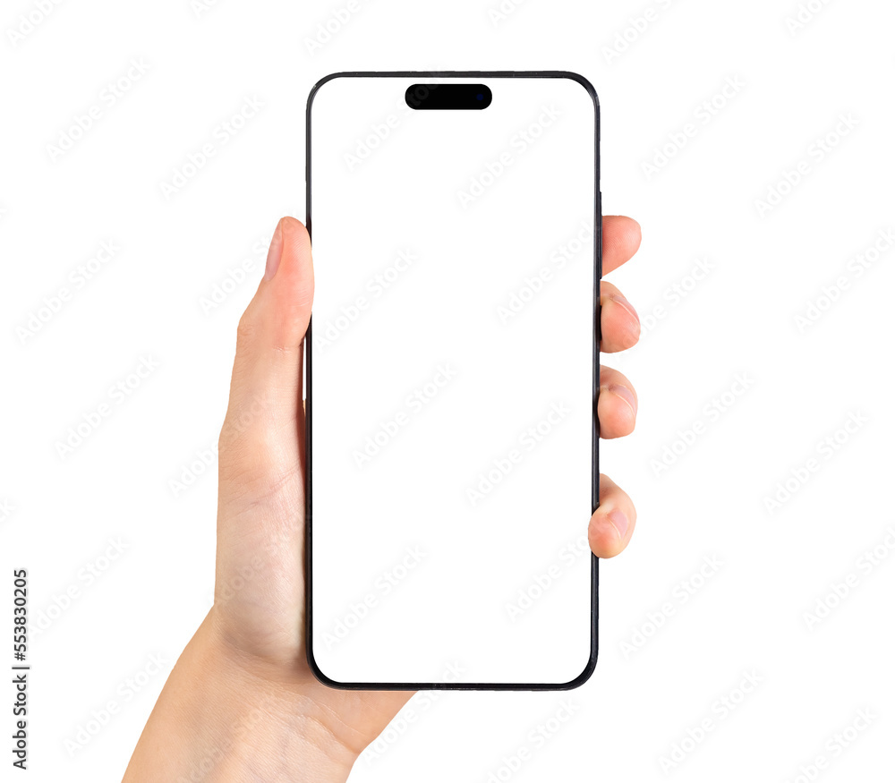 Mobile phone screen mockup, white smartphone display in hand. Smart cell isolated on white background - obrazy, fototapety, plakaty 