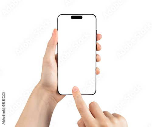 Mobile smart phone screen mock up, white smartphone display mockup in hand with finger tapping, pointing isolated on white background photo