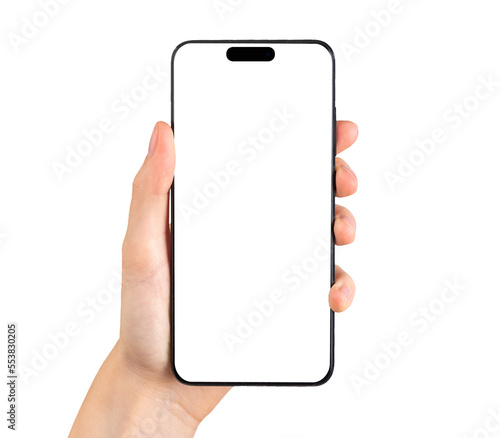 Mobile phone screen mockup, white smartphone display in hand. Smart cell isolated on white background