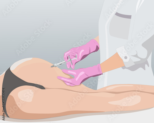Illustration. Aesthetic cosmetologist makes lipolytic injections to burn fat on the legs and body of a woman. Female aesthetic cosmetology in a beauty salon.Cosmetology concept