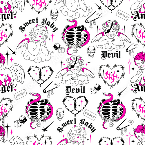 Vintage seamless pattern black and pink y2k art. Happy valentines day, weird goth love concept. Baby devil, heart, angel, fun cupid, skeleton. Vector glamour line art, tattoo background.