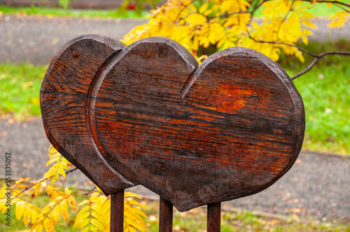 Two wooden hearts on the background of autumn yellow-green foliage