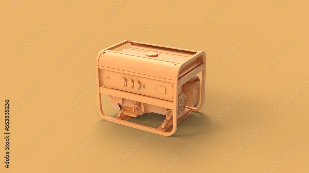 Yellow outdoor portable diesel energy generator right front perspective camera view isolated on solid background Yellow outdoor portable diesel energy generator right front perspective camera view isolated on solid background