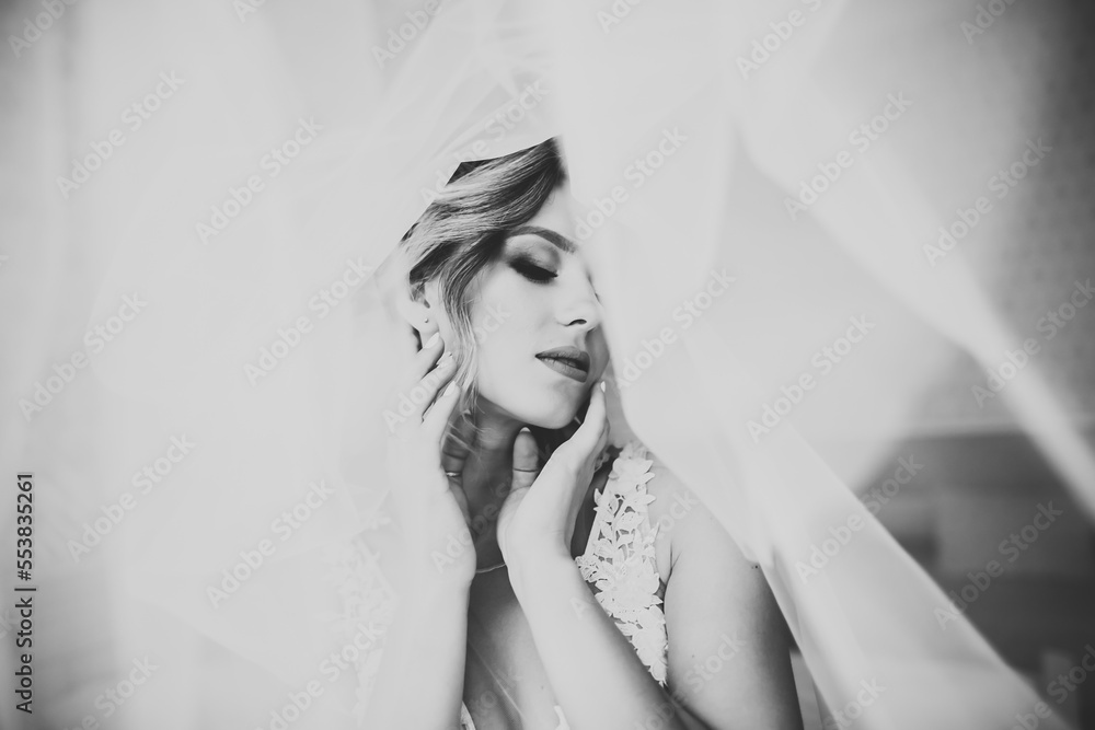 Portrait of beautiful bride with fashion veil at wedding morning