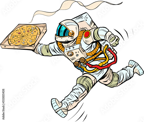 Astronaut pizza delivery. Space courier. street food, italian restaurant