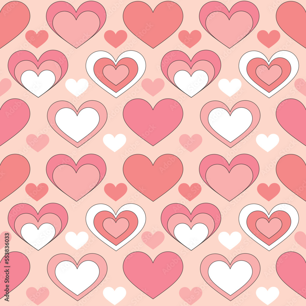 Seamless pattern with retro pink colors hearts. Summer simple minimalist heart. 70 s style love. Colorful background. Vector illustration.