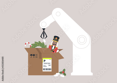 A robotic hand working on the assembly line packing Christmas gifts, new technologies and modern life