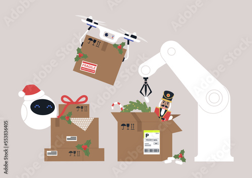A robotic delivery of Christmas gifts packed in cardboard boxes and decorated with red ribbons and mistletoe plants