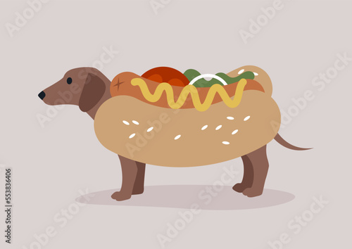 A sausage dog wearing a hotdog costume decorated with sesame seeds, tomato, lettuce, onion, and mustard