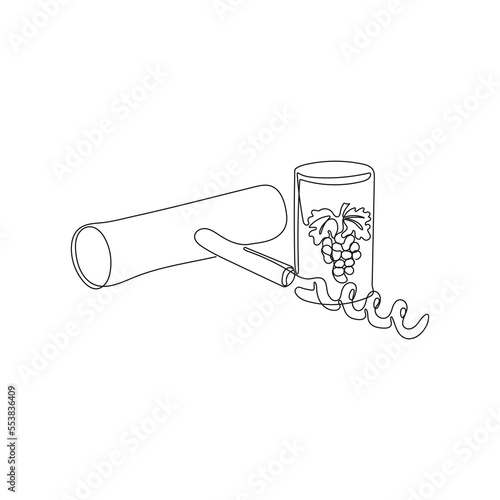 Corkscrew with cork in one line drawing style. Opener for alcoholic beverages. Metal spiral and wooden handle. Bottle-screw or wine bottle opener. Hand drawn vector illustration.