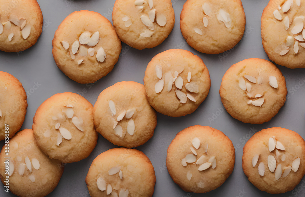 Realistic illustration of almond cookies, sweet baked food, generative ai Realistic illustration of almond cookies, sweet baked food, generative ai