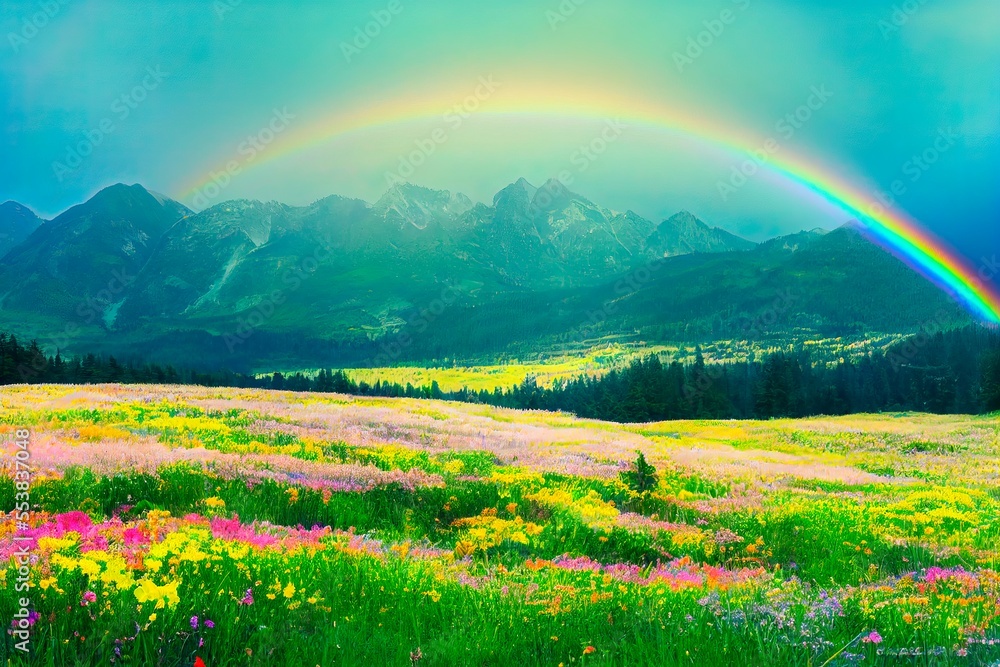Rainbow in the mountains above the meadow. Landscape with summer flowers. Sunny weather.