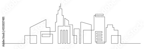 Continuous line city building. One single outline cityscape continuous construction. Editable stroke building background. Vector illustration.