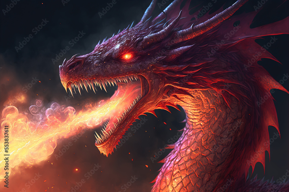 Red giant dragon breathing fire on dark background. Mythology creature portrait. Fantasy art. Generative AI Red giant dragon breathing fire on dark background. Mythology creature portrait. Fantasy art. Generative AI