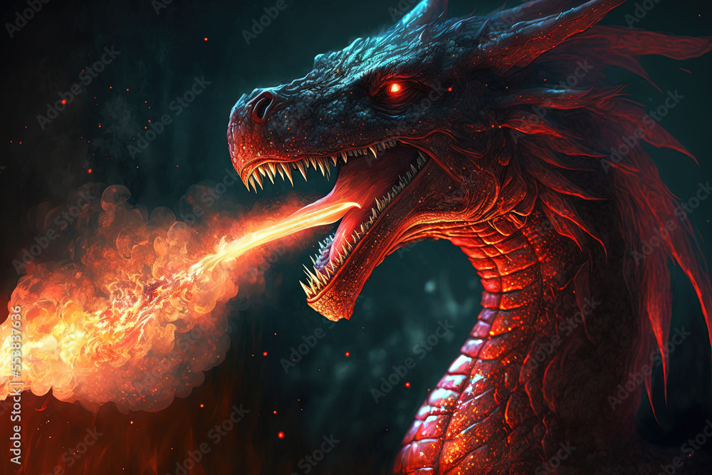 Red giant dragon breathing fire on dark background. Mythology creature ...