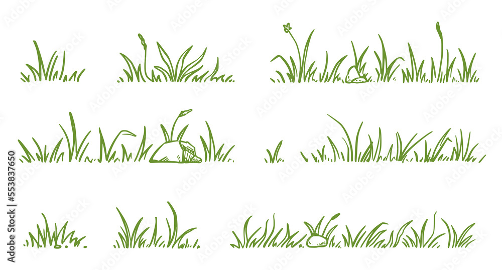 Grass doodle sketch style set. Hand drawn green grass field outline