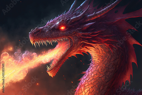 Red giant dragon breathing fire on dark background. Mythology creature portrait. Fantasy art. Generative AI