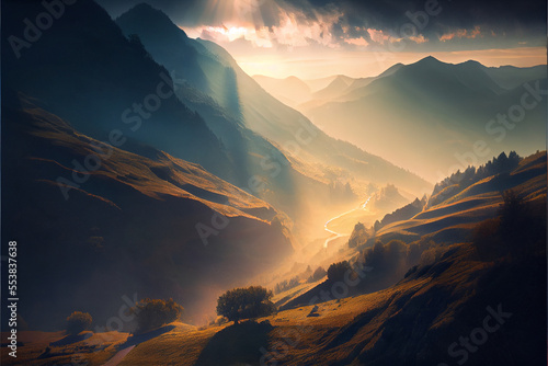 Foggy Mountain Sunrise Landscape - AI Art