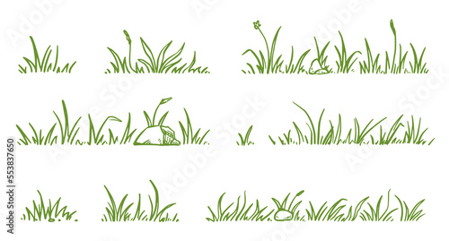 Grass doodle sketch style set. Hand drawn green grass field outline scribble background. Sprout, flower, clover elements. Vector illustration.