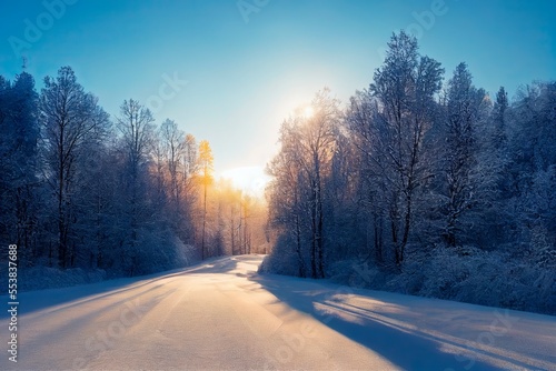 Beautiful snowy landscape with forest, river, mountain, valley and road. © Sirius1717