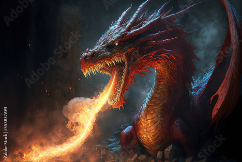 Red giant dragon breathing fire on dark background. Mythology creature portrait. Fantasy art. Generative AI