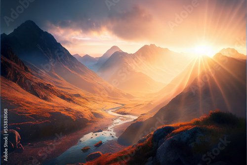 Foggy Mountain Sunrise Landscape - AI Art